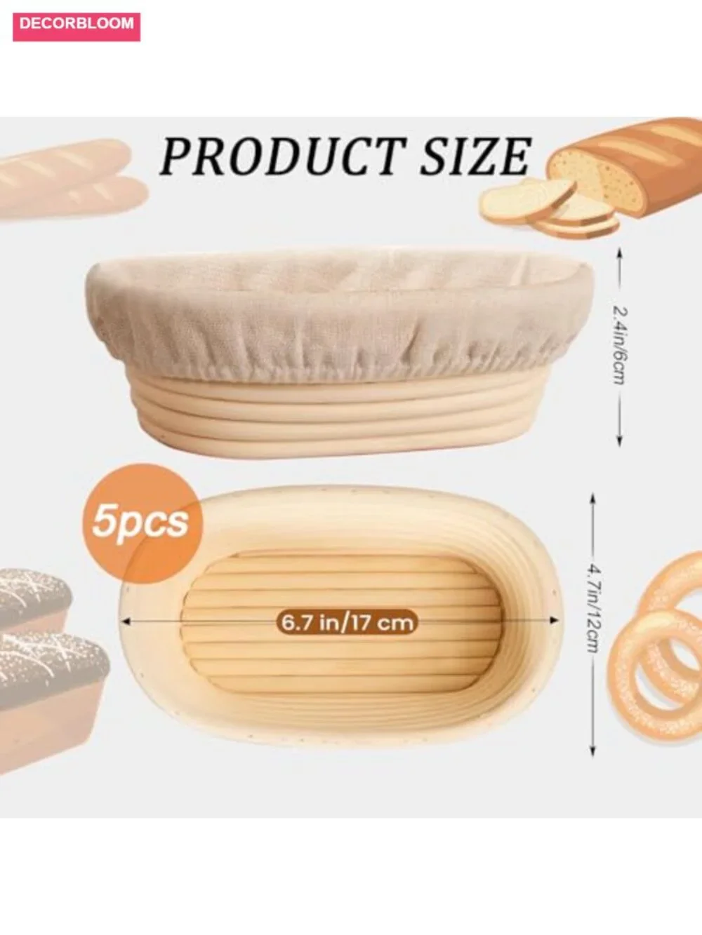 5 Pack Oval Banneton Proofing Baskets 6 Inch Natural Rattan with Linen Liners
